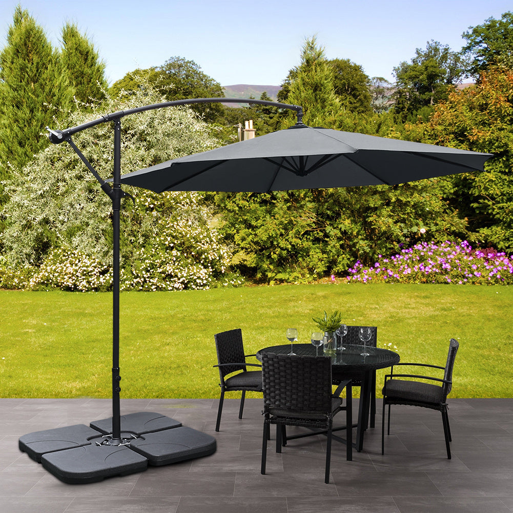 Garden 3M Dark Grey Banana Parasol Cantilever Hanging Sun Shade Umbrella Shelter with Square Base