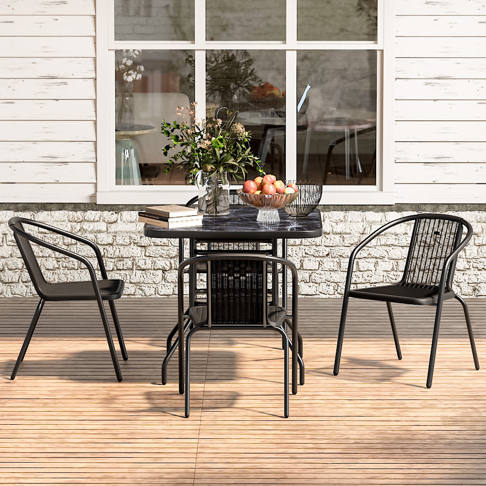 Black Square Garden Tempered Glass Marble Coffee Table with Four chairs