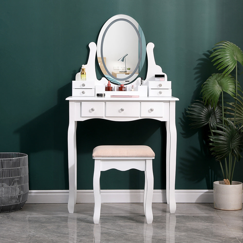 White Dressing Table with Adjustable LED Mirror Crystal Knobs Padded Stool and Storage