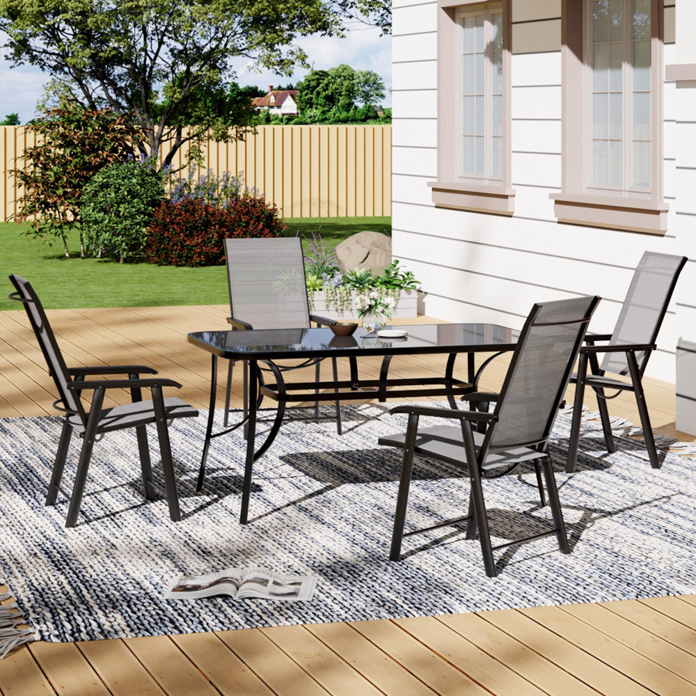 Set of 5 Garden 150CM Rectangle Glass Umbrella Table and Folding Chairs Set