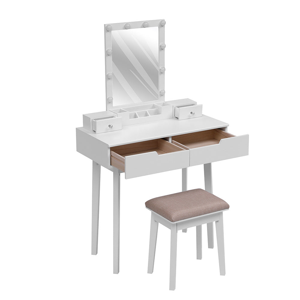 White 80cm Modern Makeup Dressing Desk Set with Lighted Mirror and Stool