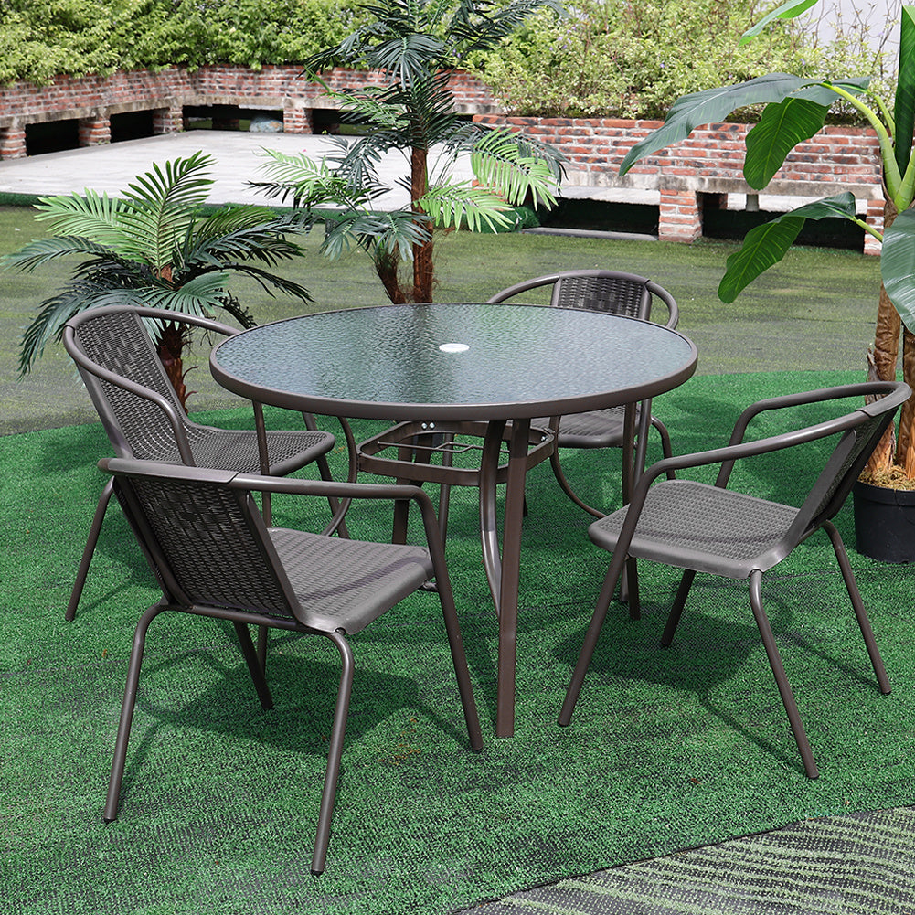 Set of 5 Garden 105CM Ripple Glass Round Umbrella Table and Stackable Chairs Set, Black