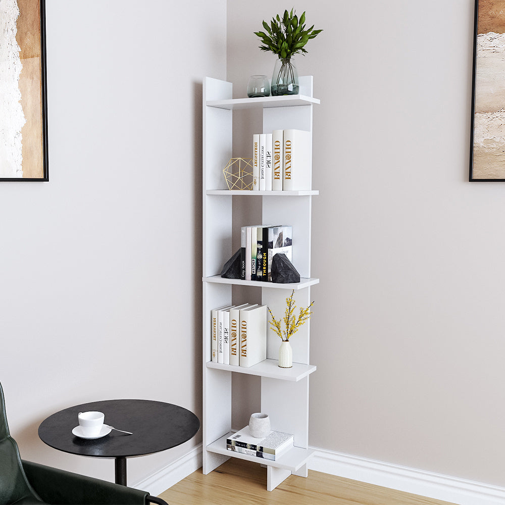 5 Tier Corner Storage Bookshelf Shelving Unit White