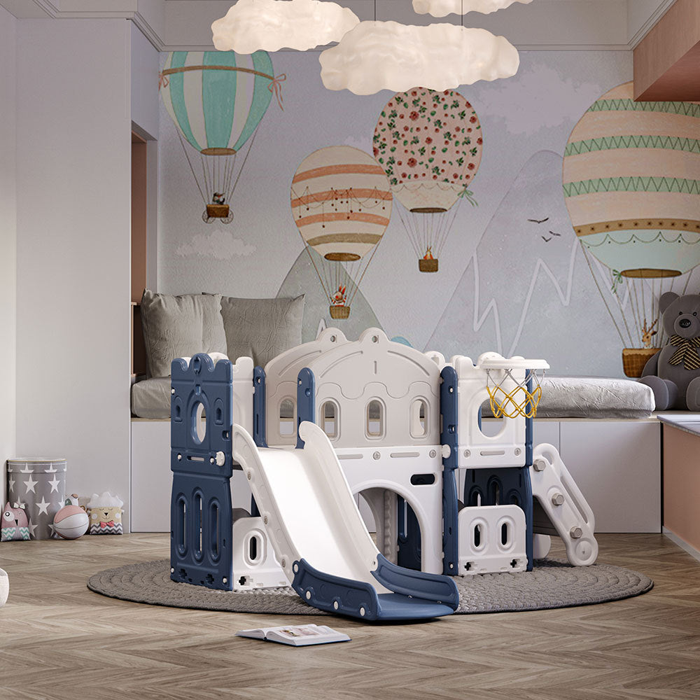 Kids Playset with Slide Basketball Hoop Indoor Playground,Blue