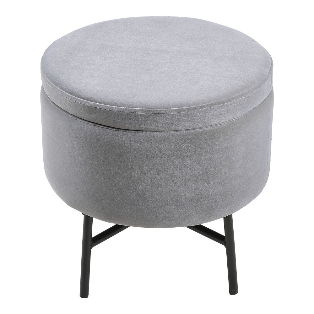 Grey Velvet Storage Ottoman with Lift-Up Lid and Metal Base