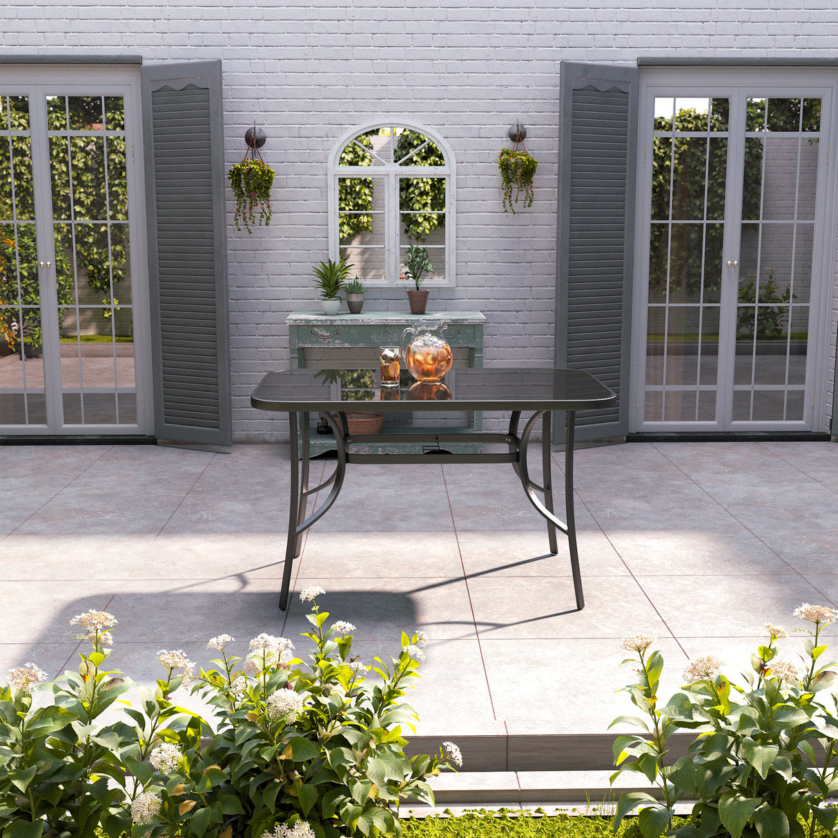 Black Garden Glass Top Rectangle Table With Umbrella Hole 120CM