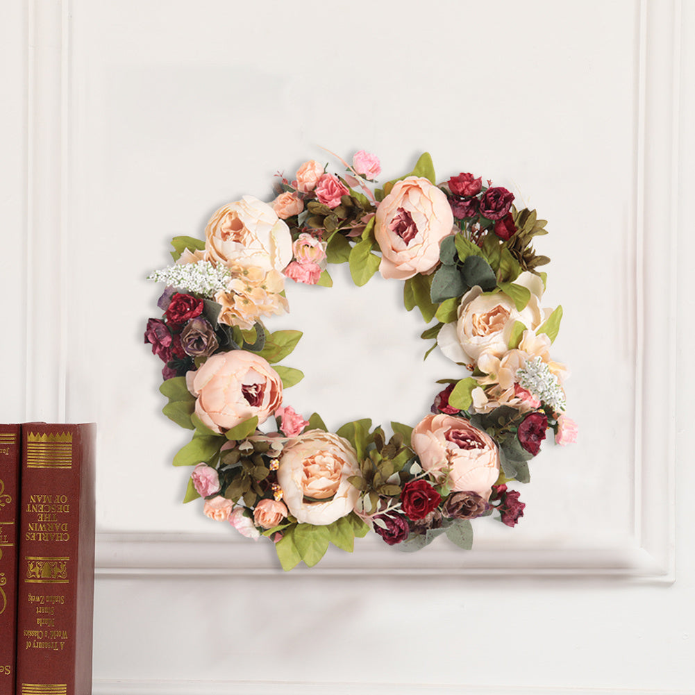 45cm Artificial Peony Mixed Flowers Wreath with Rattan Base