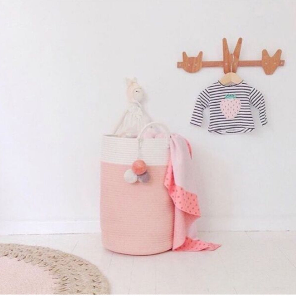 Hamper Woven Soft Laundry Basket with Handle, Pink and White