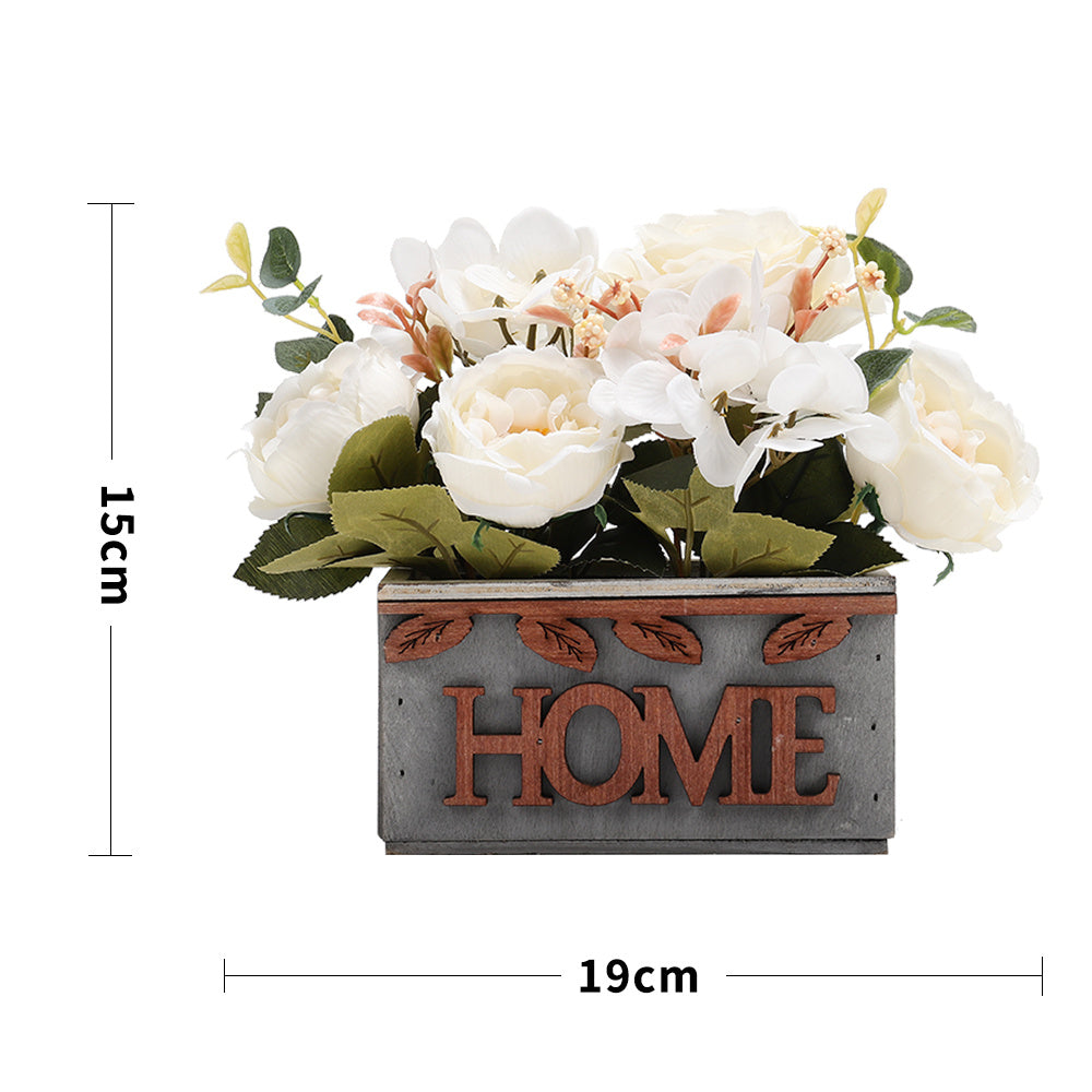 15CM Artificial White Hydrangea Peony Flower Plant with Wooden Pot