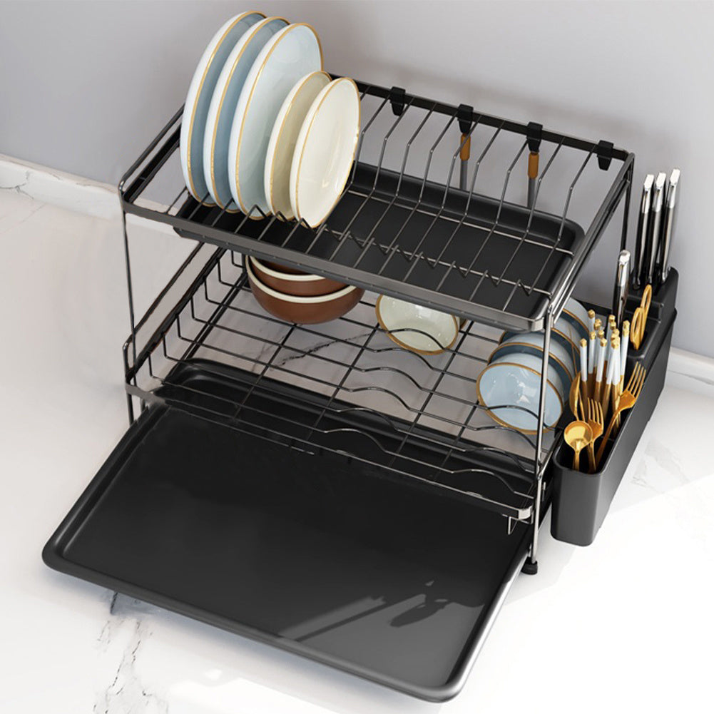 Black 2 Tier Dish Drying Rack with Drainboards