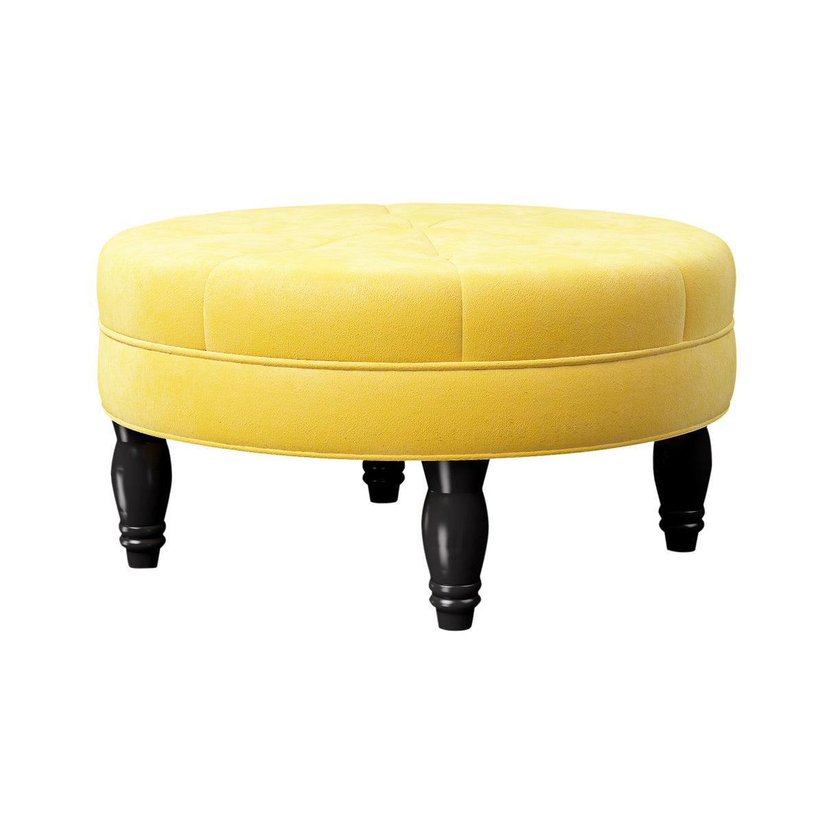 Velvet Round Buttoned Footstool Wood Legs, Yellow