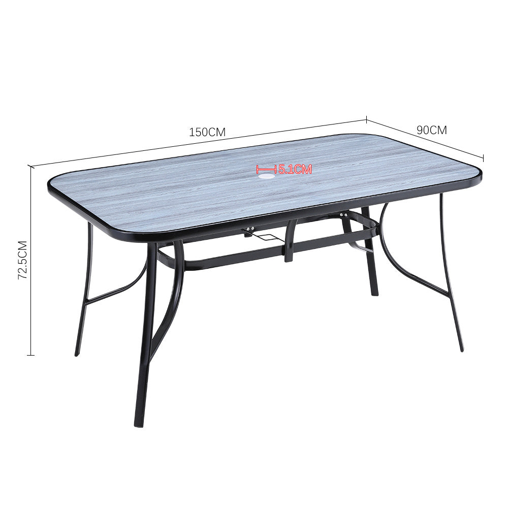 Rectangular 150cm Garden Tempered Glass Wood Grain Coffee Table with Six chairs