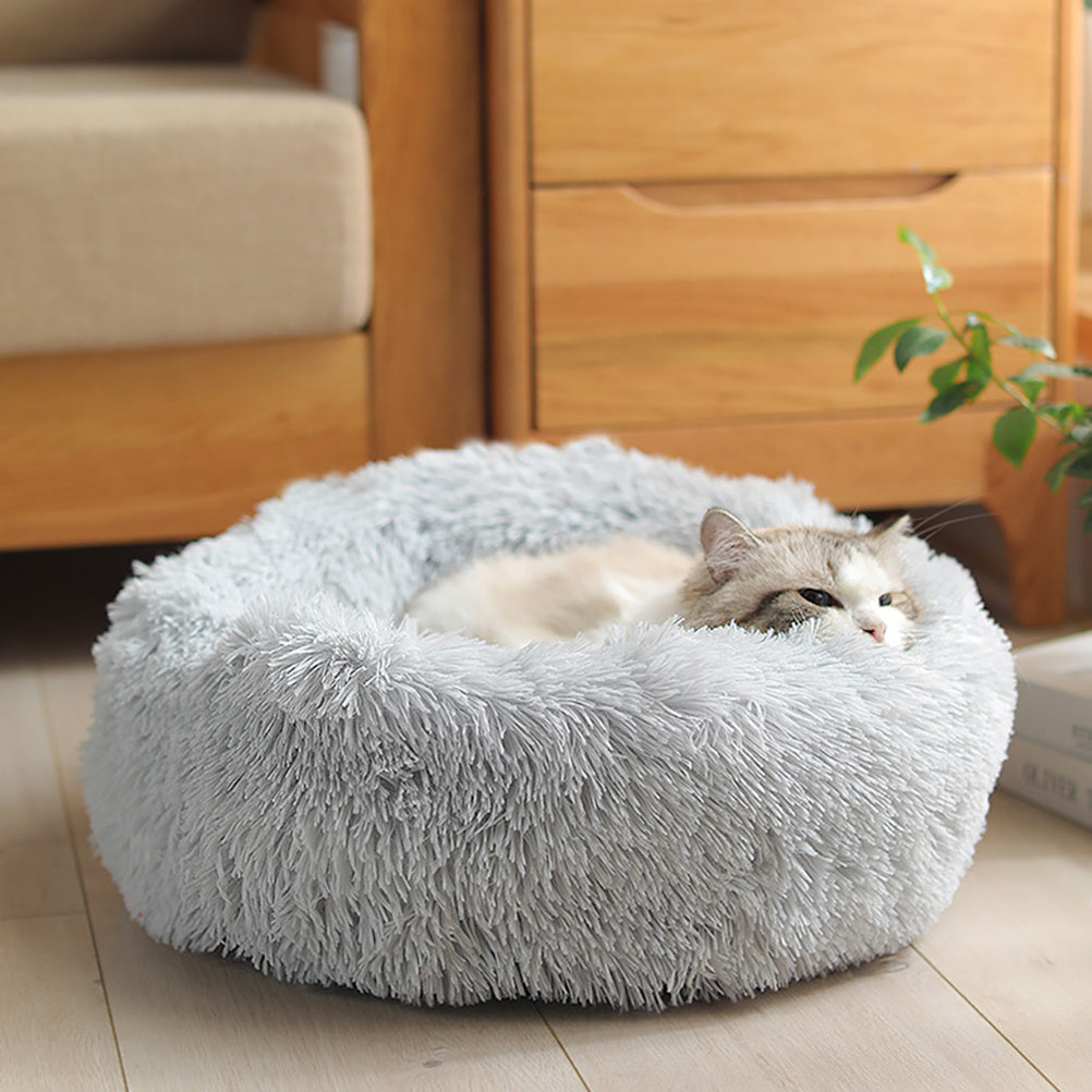 60CM Round Faux Fur Fluffy Shaggy Sheepskin Pet Bed, Light Grey