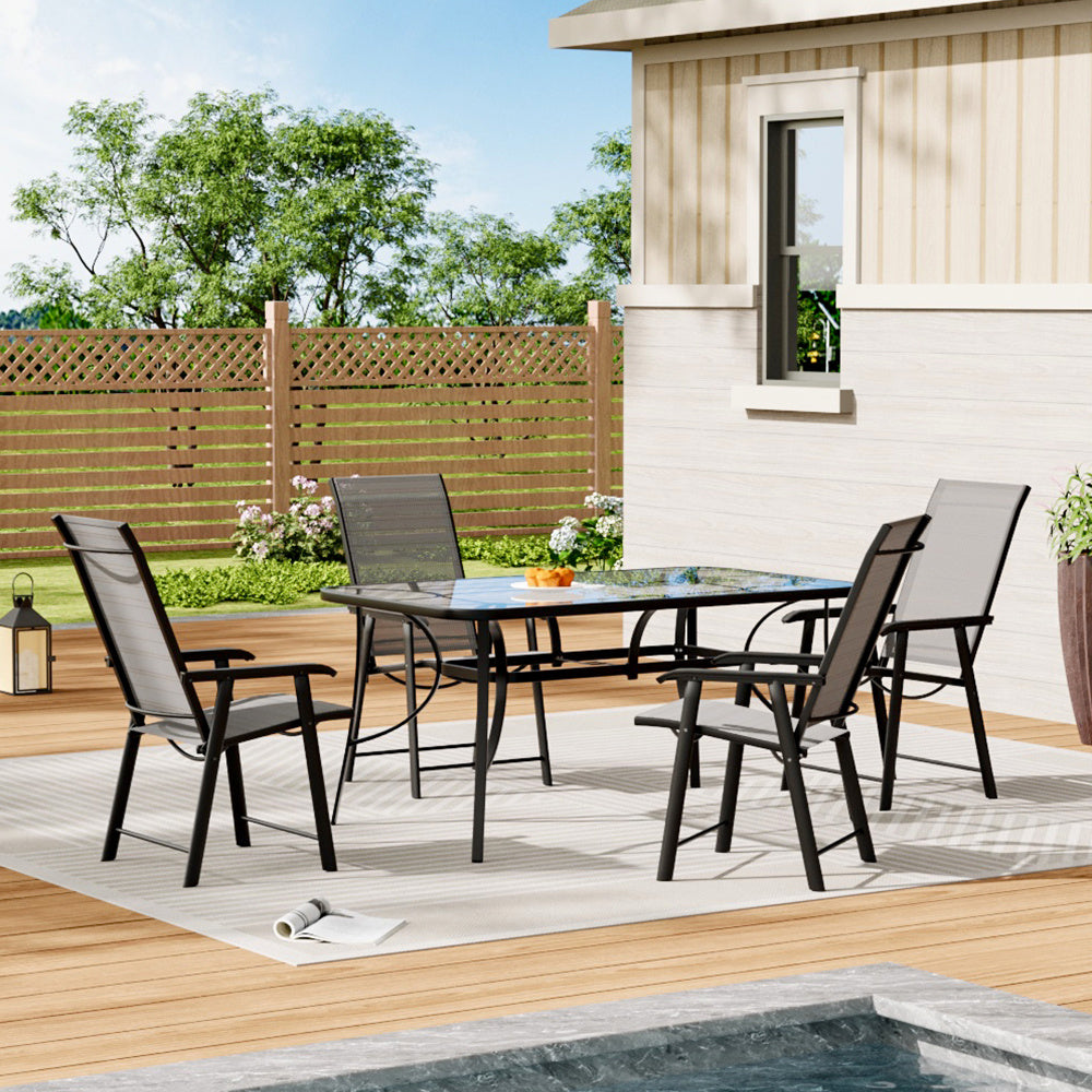 Set of 5 Garden 150CM Ripple Glass Rectangle Umbrella Table and Folding Chairs Set, Black