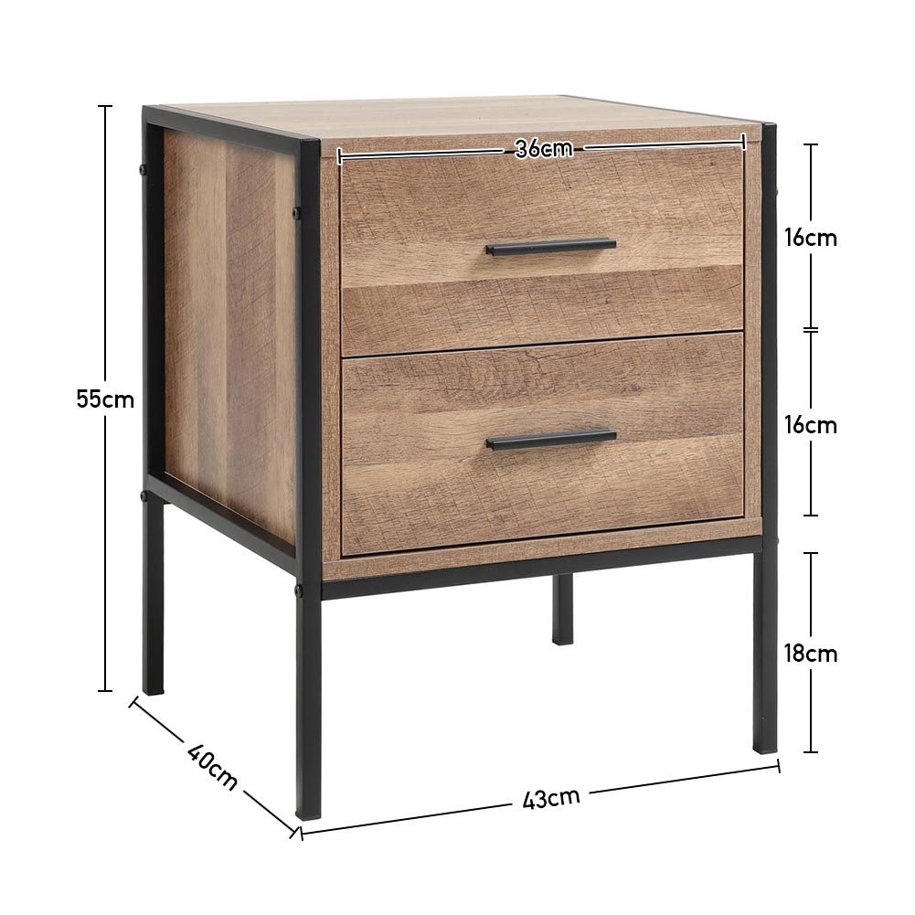 Metal Frame Wood Industrial Bedside Table Nightstand with Two Drawers