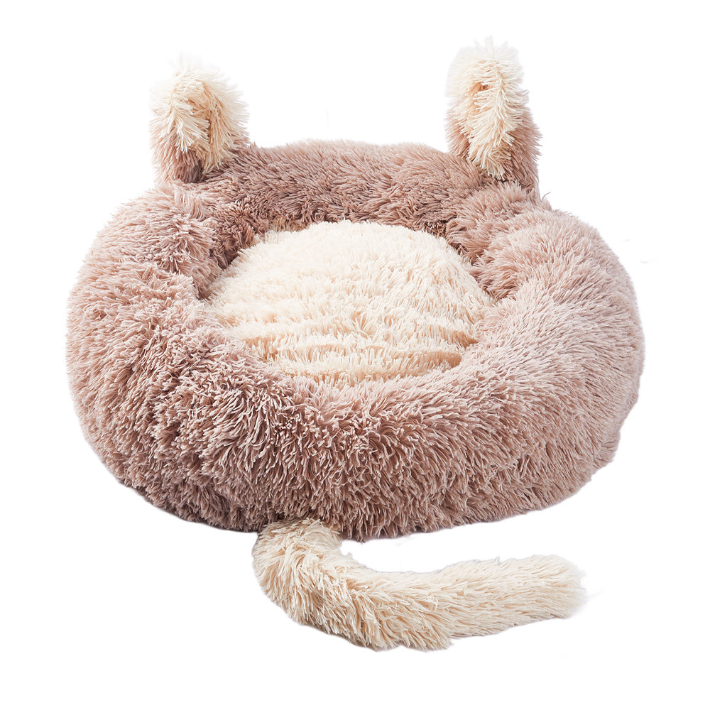 Light Brown 60cm Round Plush Pet Dog Cat Bed with Cute Ears