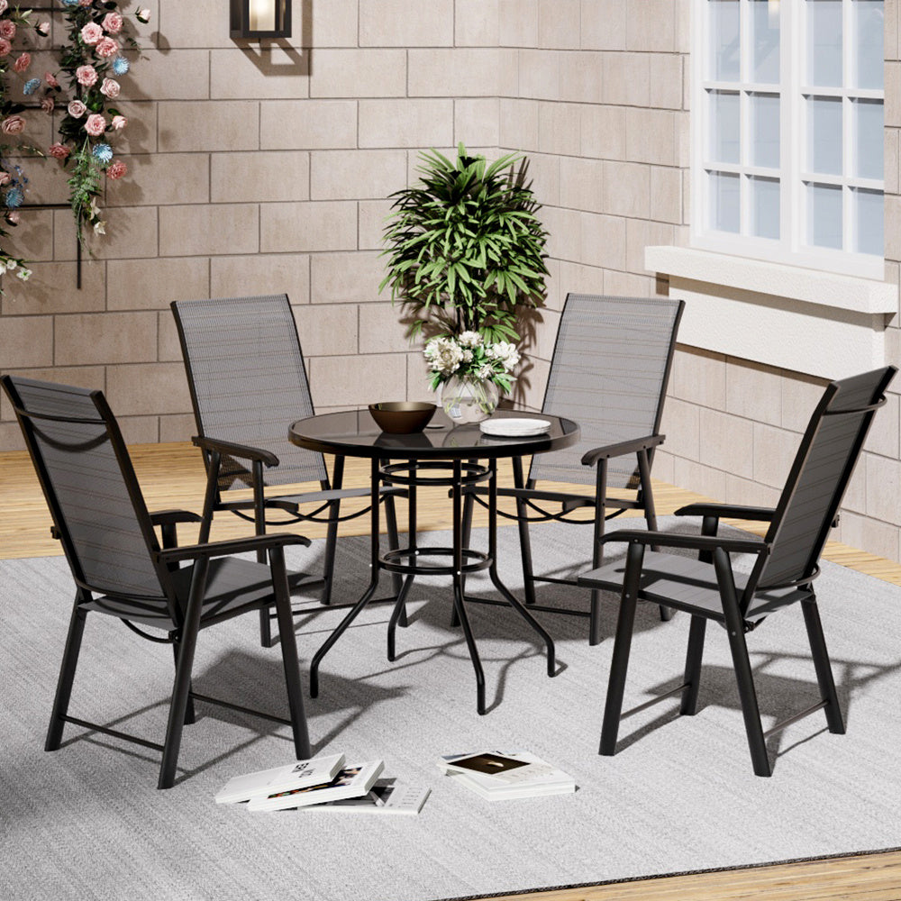 Set of 5 Garden Patio Glass Umbrella Round Table and Folding Chairs Set