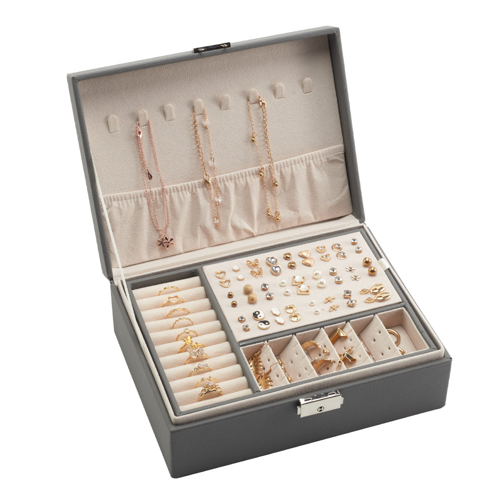 Lockable Double Tier Faux Leather Jewellery Organizer