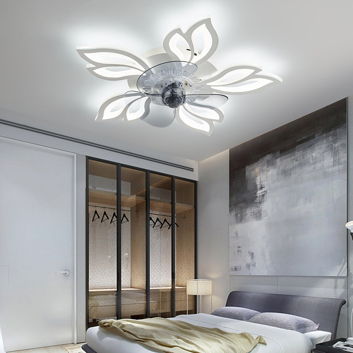 White Modern Flower Ceiling Fan with 3 Color Lights