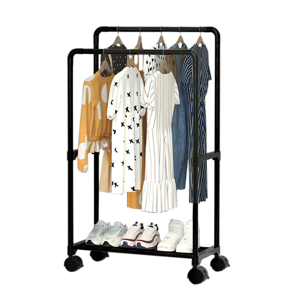 Black Double Rod Metal Clothes Rack on Wheels