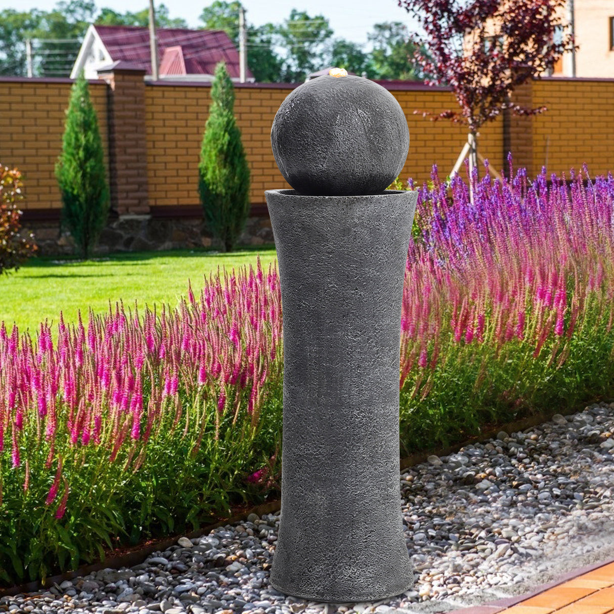 Dark Grey Sphere Electric Fountain Water Feature with LED Light