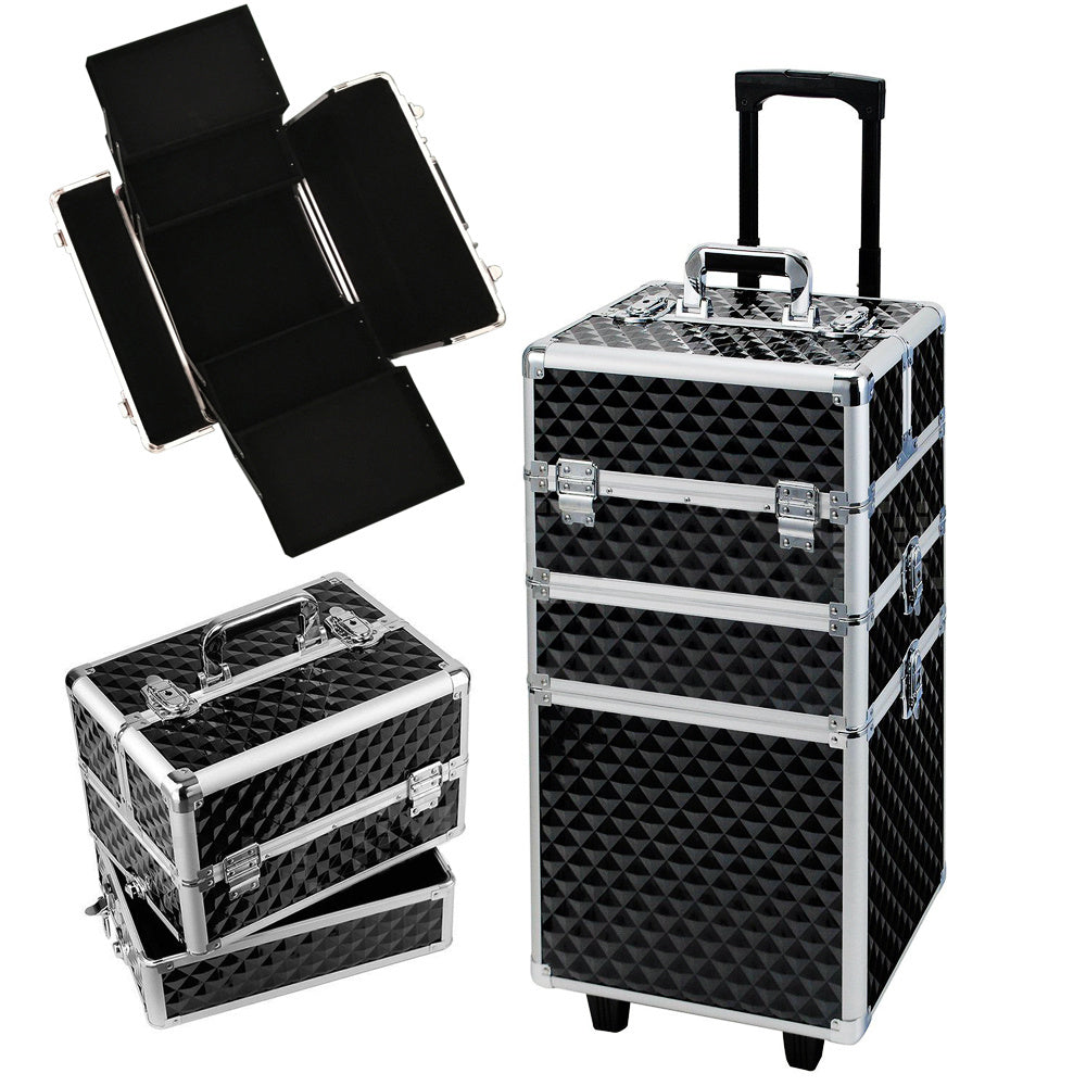 Black 3 in 1 Diamond Pattern Cosmetic Makeup Train Case