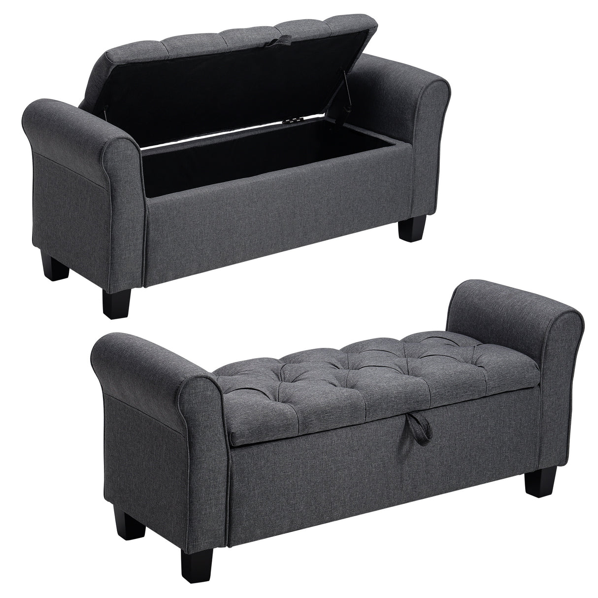 Storage Ottoman Bench with Armrests Linen Upholstered Bed End