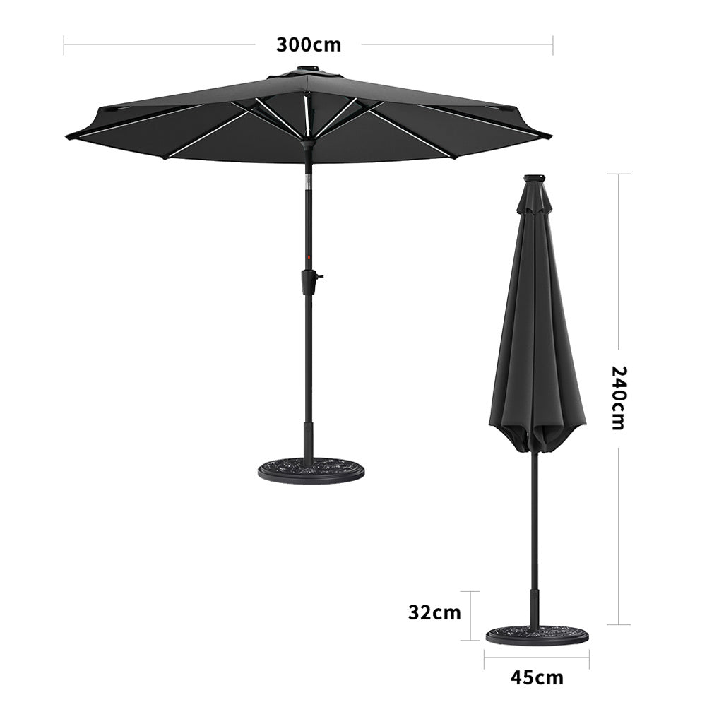 3M Large Garden LED Parasol Outdoor Beach Umbrella with Light Sun Shade Crank Tilt with 10KG Round Base, Gark Grey