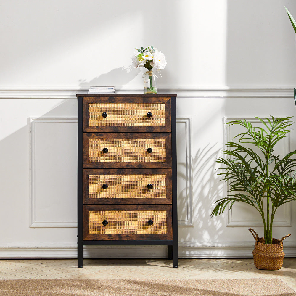 4 Drawer Rustic Rattan Storage Cabinet