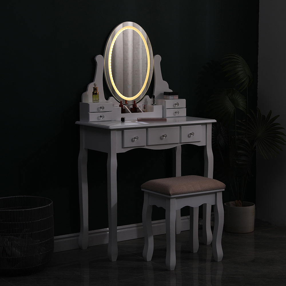 White Makeup Vanity Desk Set with LED Three Color Adjustable Light