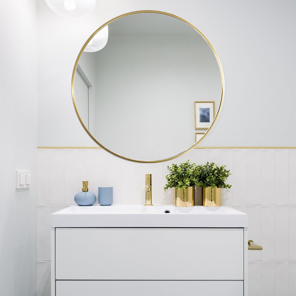 Modern Wall Mounted Slim Frame Round Mirror, Gold 60cm