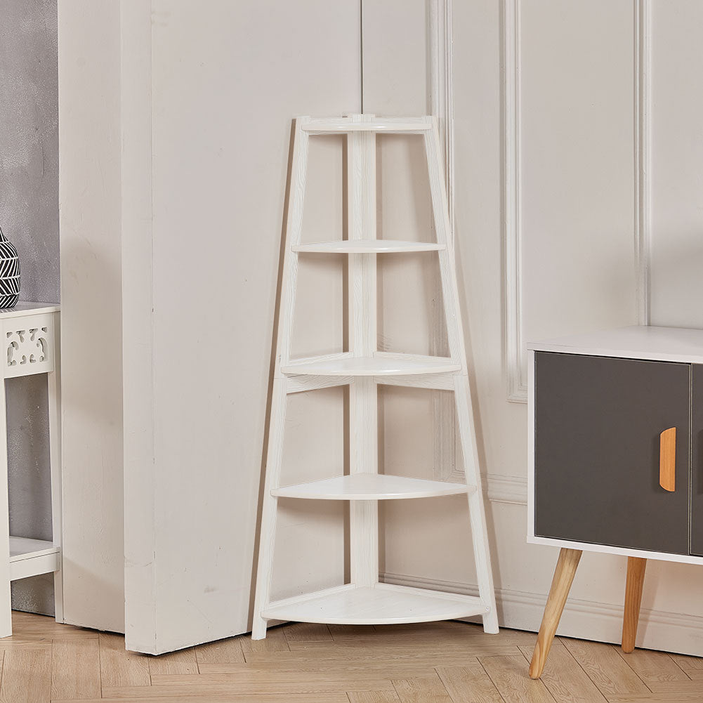 White 5 Tier Ladder Shaped Corner Shelf Rack Bookcase
