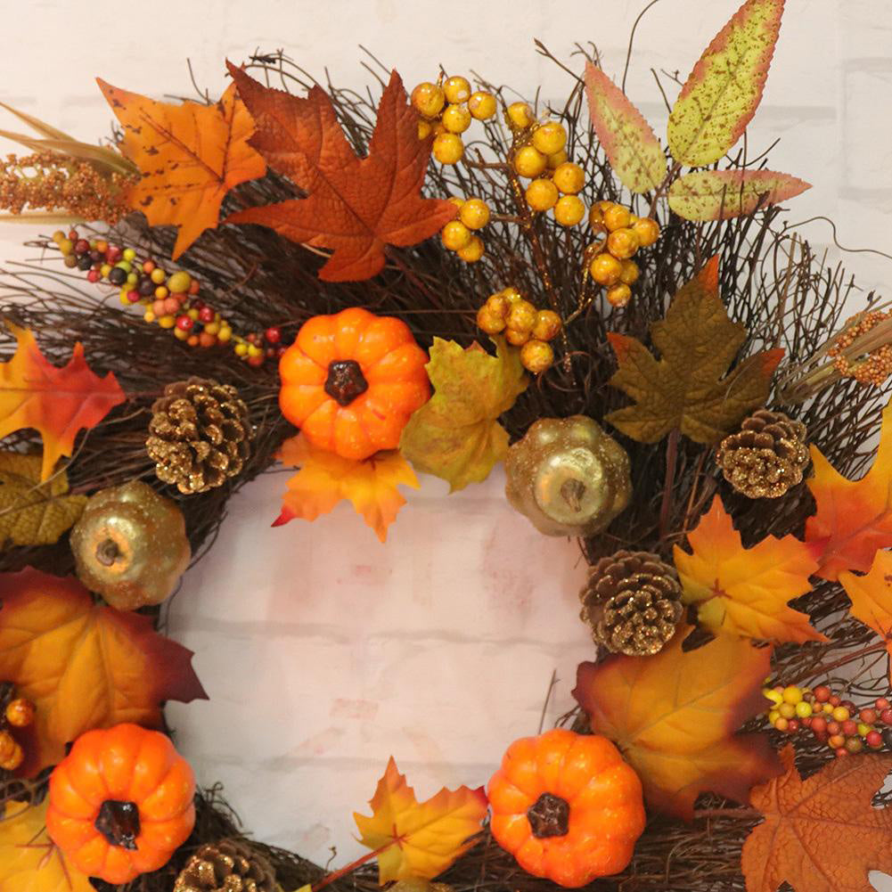 45CM Fall Pumpkin Wreath Autumn Maple Leaf Garland With LED Light