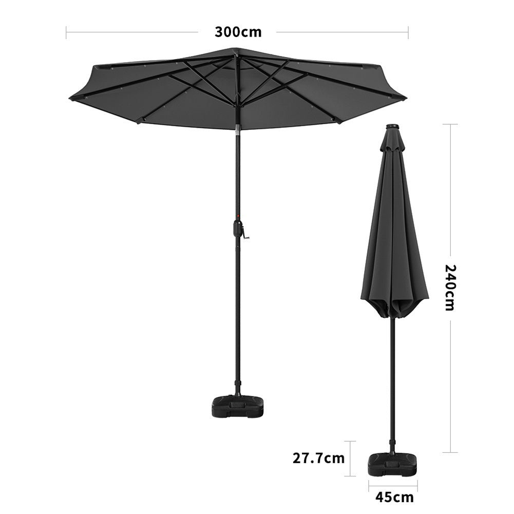 3M Large Garden LED Parasol Outdoor Beach Umbrella with Light Sun Shade Crank Tilt with Square Base, Dark Grey