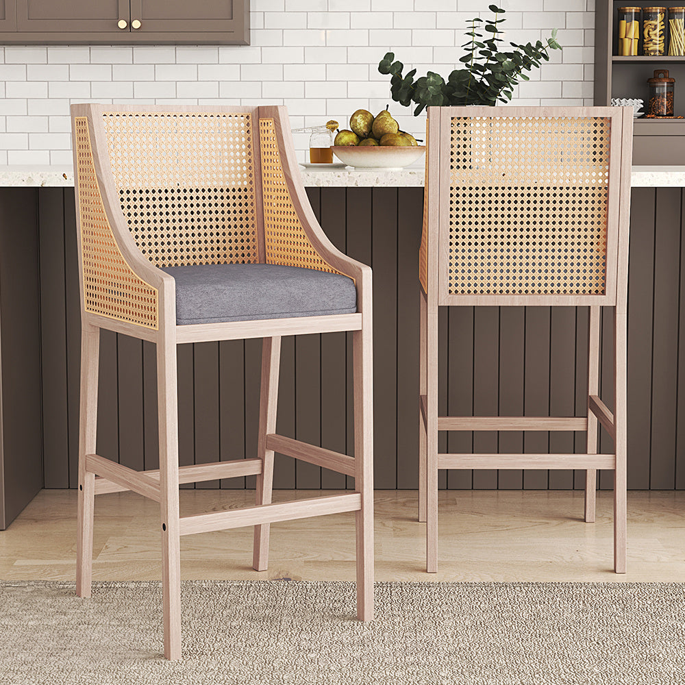 2Pcs Natural Rattan Bar Stools Kitchen Stools with Backrest,Grey