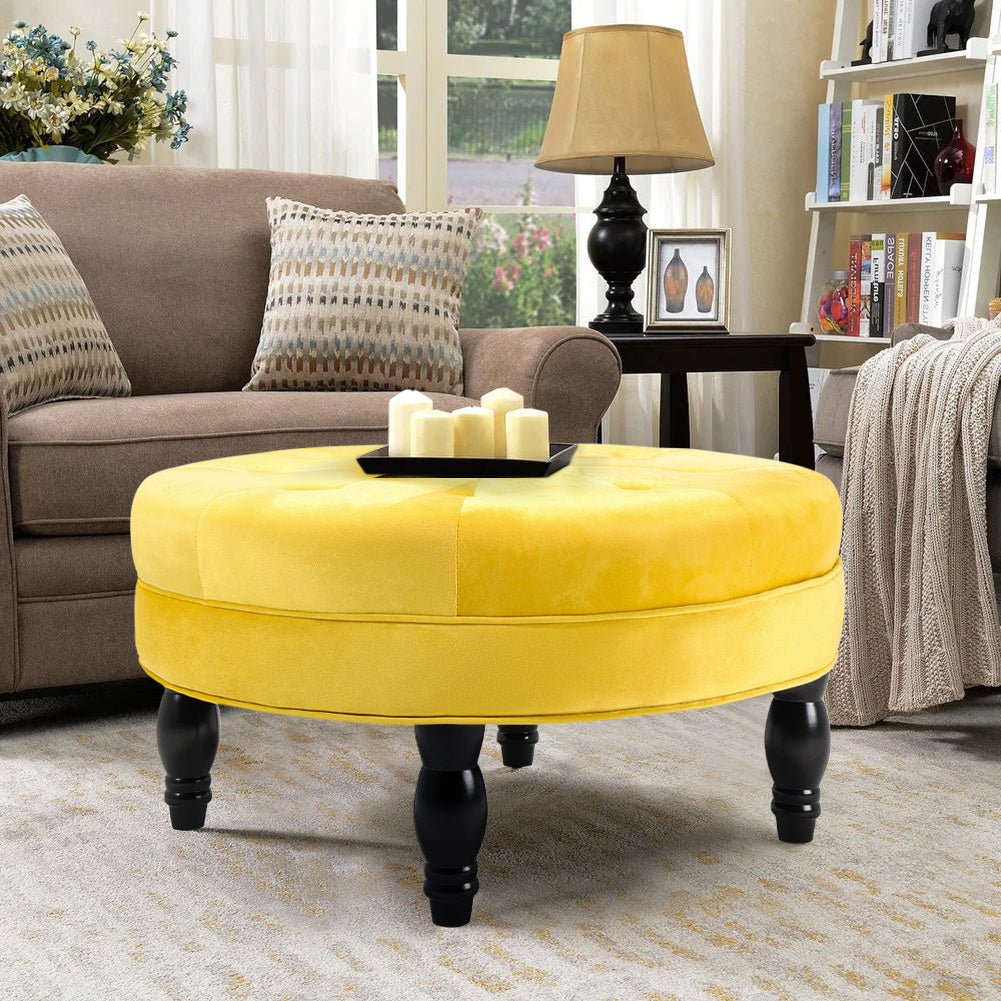 Velvet Round Buttoned Footstool Wood Legs, Yellow