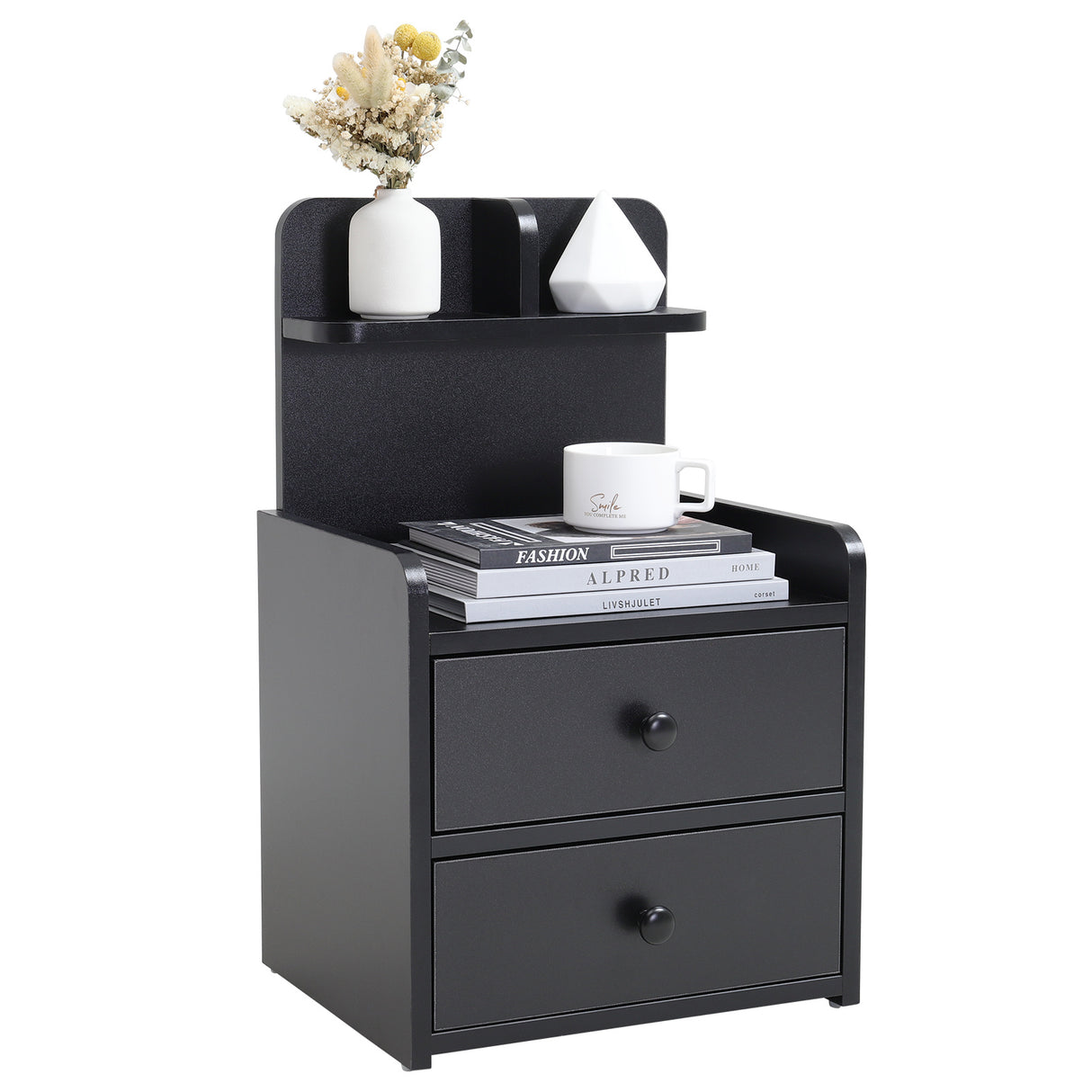Wood Black Bedside Table Nightstand With two Drawers