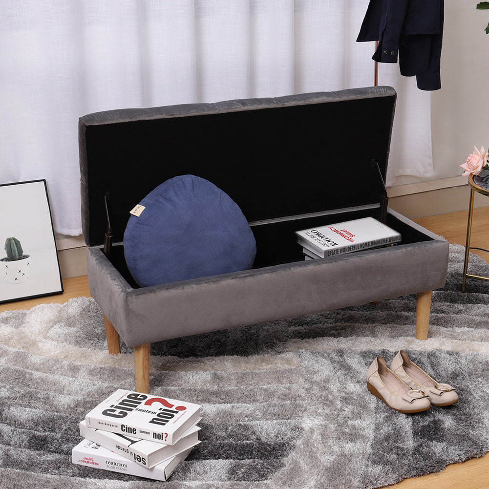 100CM Grey Velvet Storage Ottoman Footstool Rubber with Wooden Leg