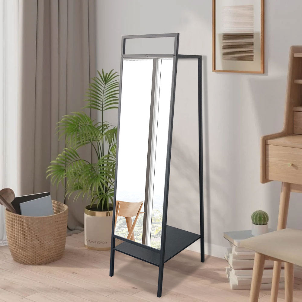 Black Metal Floor Mirror with Coat Rack