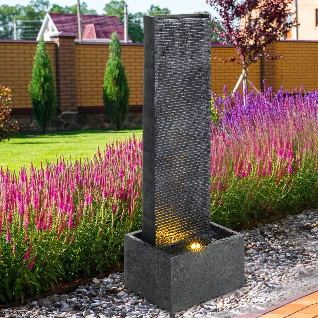 Rectangle Waterfall Stone Look Water Fountain with LED Light Black