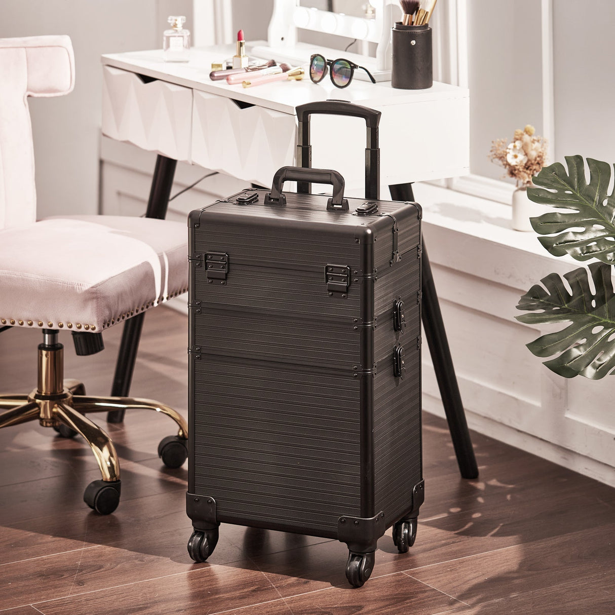 3in1 Cosmetic Train Case with Detachable Beauty Storage Box,Black