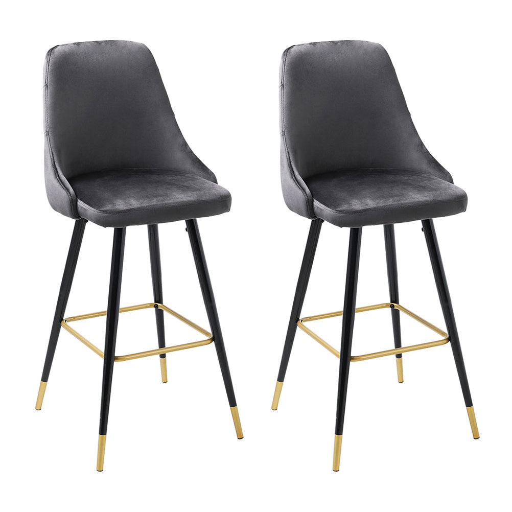 Set of 2 Velvet High foot Bar Stool Buttoned Back Grey