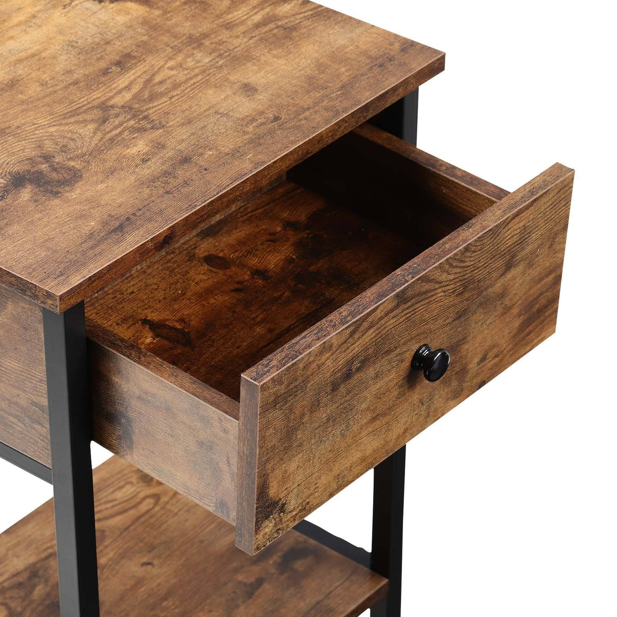 40cm Industrial Rustic Wood Look Side Table with Storage Drawer