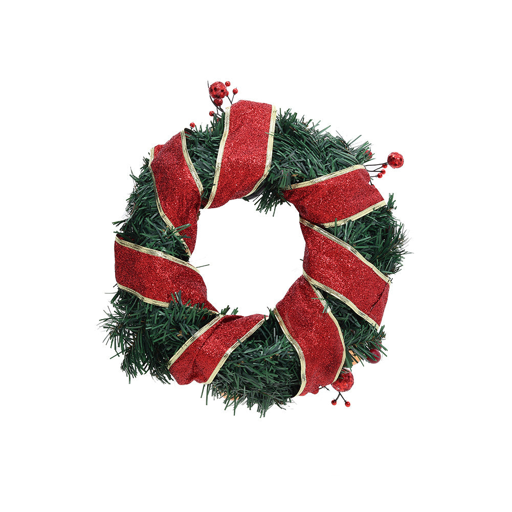 Red Ribbon Artificial Green Pine Leaves Wreath Hanging Xmas Decor, 30cm Dia