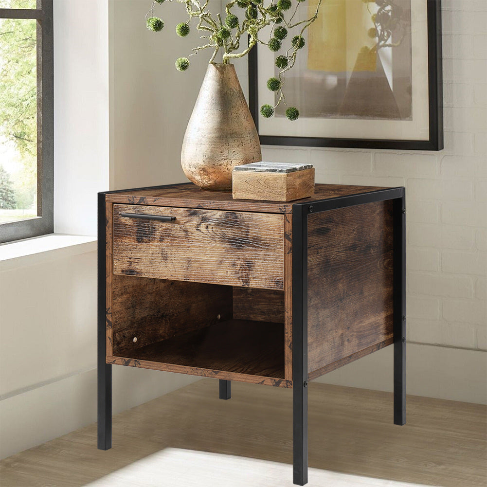 Industrial Bedside Table with Drawer and Open Storage Shelf