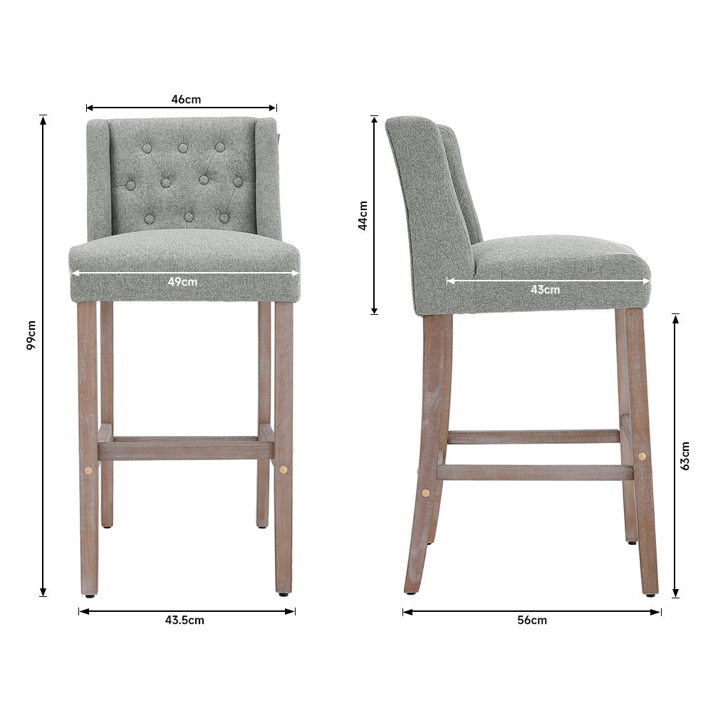 Rustic Set of 2 Bar Stools Linen Tufted with Wood Legs