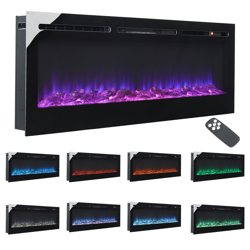 LED Electric Wall Mounted Fireplace Recessed Fire Heater 12 Flames With Remote, Black 40inch