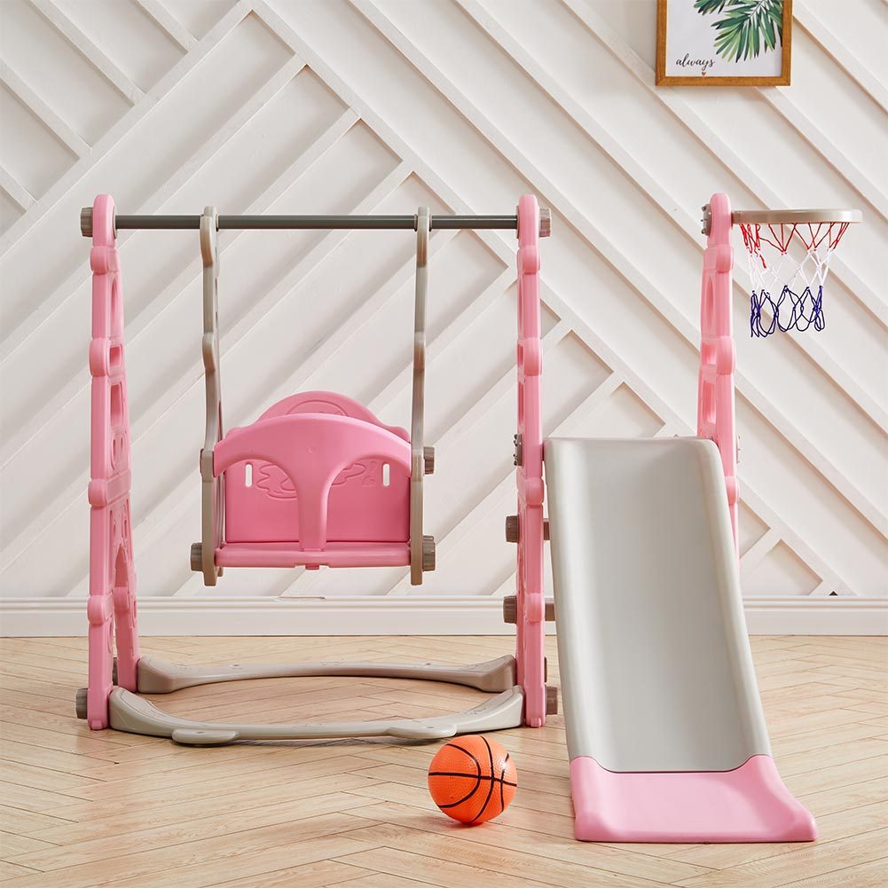Kids Swing Slide and Basketball Hoop 3 in 1 Play Game Center,Pink