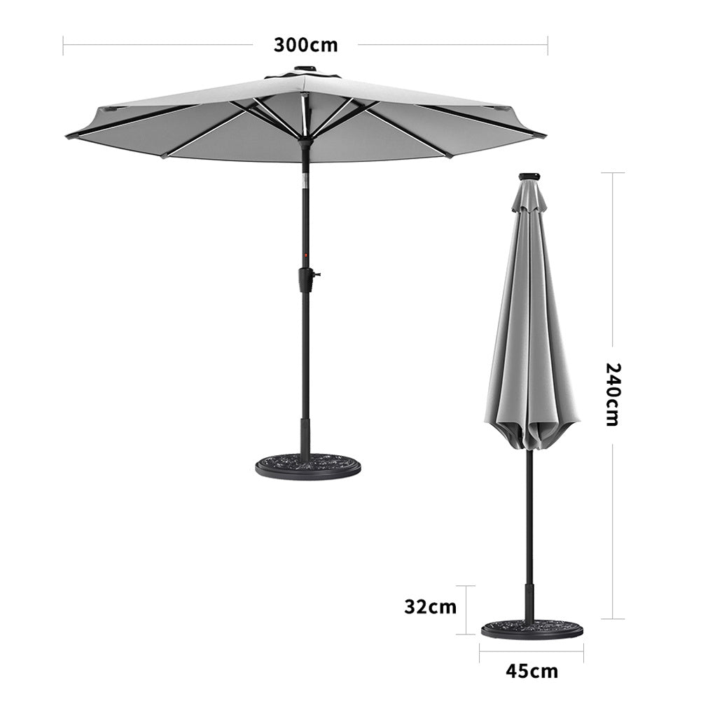 3M Light Grey Large Garden LED Parasol Outdoor Beach Umbrella with Light Sun Shade Crank Tilt with 10KG Round Base