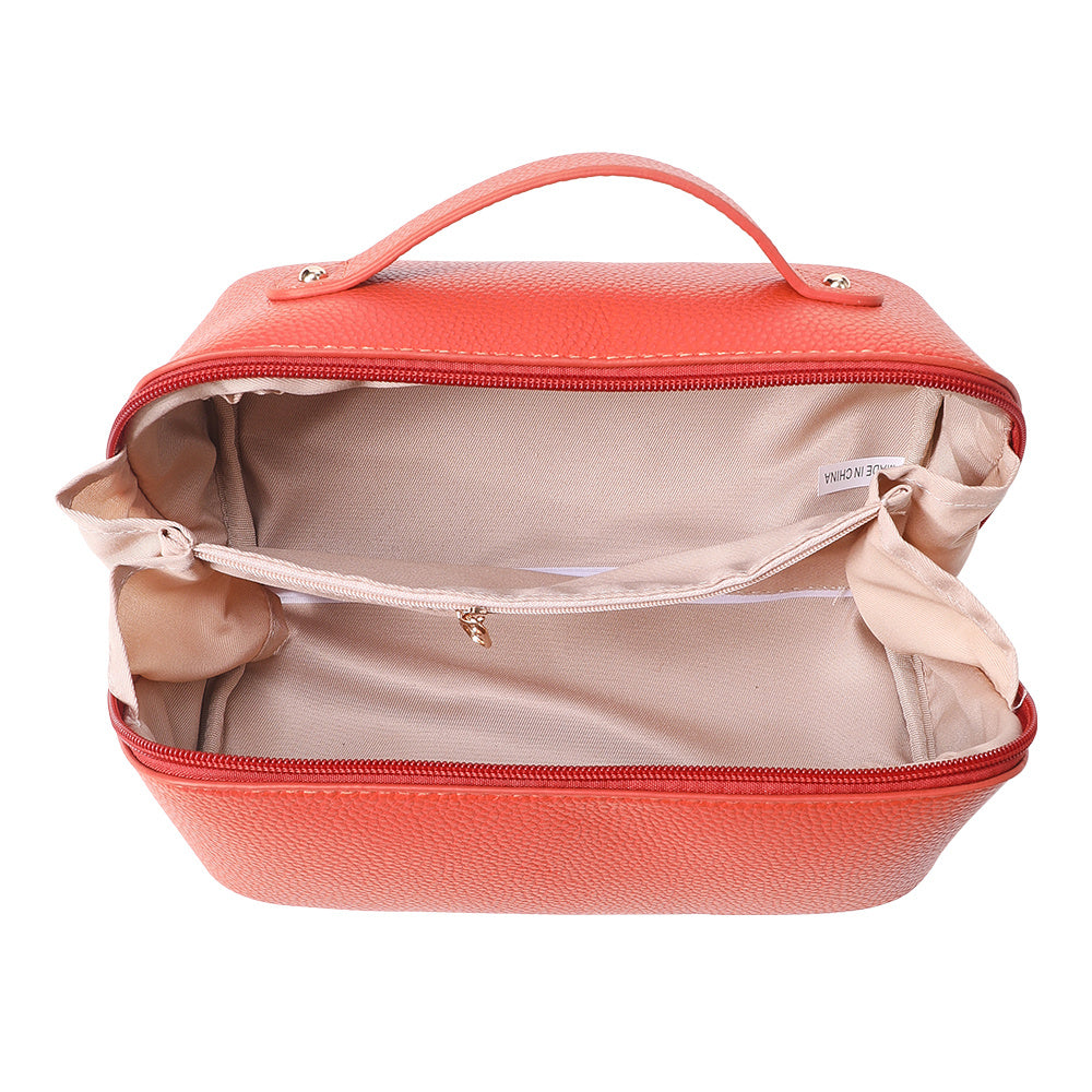 Orange Leather Portable Travel Toiletries Makeup Bag